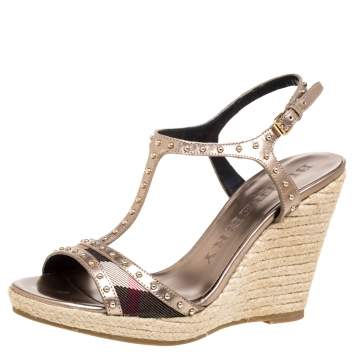 Pre Owned Burberry Metallic Beige Leather and Nova Check Canvas Studded Wedge Espadrilles Sandals Size 37