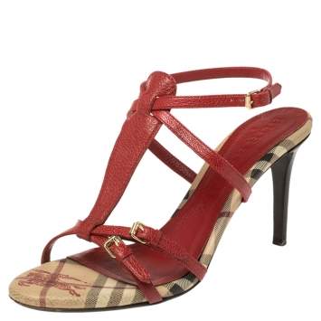 Pre Owned Burberry Red Leather Ankle Strap Sandals Size 40
