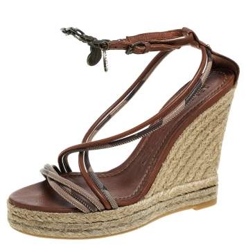 Pre Owned Burberry Brown Leather Smoked Strappy Espadrille Wedge Sandals Size 38