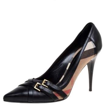 Pre Owned Burberry Black Leather And Novacheck Canvas Buckle Detail Pointed Toe Pumps Size 41