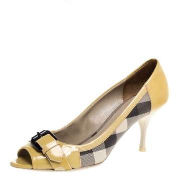 Pre Owned Burberry Yellow/Beige Check PVC and Patent Leather Buckle Peep Toe Pumps Size 38