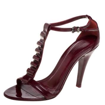 Pre Owned Burberry Burgundy Patent Leather T-Strap Sandals Size 38