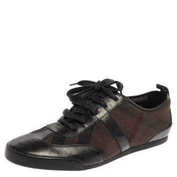 Pre Owned Burberry Black Leather And Check Canvas Low Top Sneakers Size 38