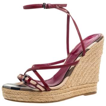 Pre Owned Burberry Burgundy Patent Leather Espadrille Wedge Sandals Size 38