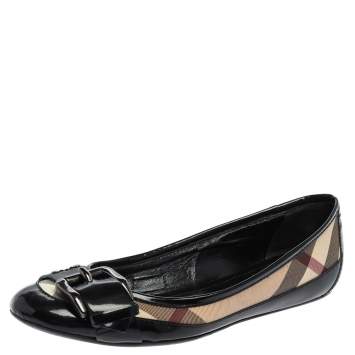 Pre Owned Burberry Black  Patent Leather And Coated Canvas Nova Check Buckle Detail Ballet Flats Size 37