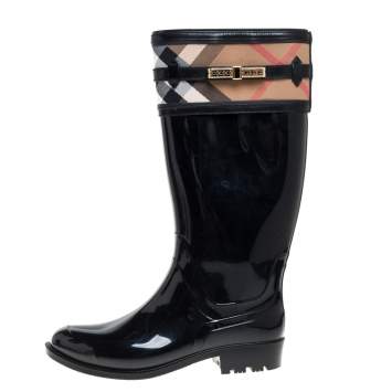 Pre Owned Burberry Black Rubber and Nova Check Canvas Rain Boots Size 39