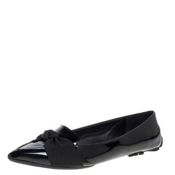 Pre Owned Burberry Black Patent Leather Bow Flats Size 36.5