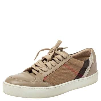 Pre Owned Burberry Beige Leather and Nova Check Canvas Low Top Sneakers Size 38