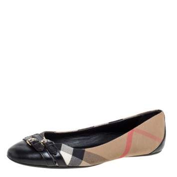 Pre Owned Burberry Beige /Black Nova Check Canvas and Leather Buckle Detail Ballet Flats Size 40