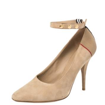 Pre Owned Burberry Beige Suede Leather Stripe Studded Ankle Cuff Pumps Size 39