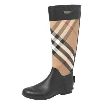 Pre Owned Burberry Black/Beige House Check Canvas And Rubber Clemence Rain Boots Size 36