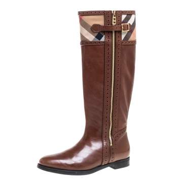 Pre Owned Burberry Brown Leather and Nova Check Canvas Bridle Brogue Knee High Boots Size 39