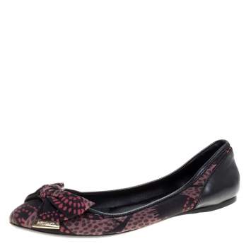 Pre Owned Burberry Black Printed Satin Bow Ballet Flats Size 38