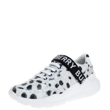 Pre Owned Burberry White/Black Cheetah Print Leather Ronnie Sneakers Size 40.5