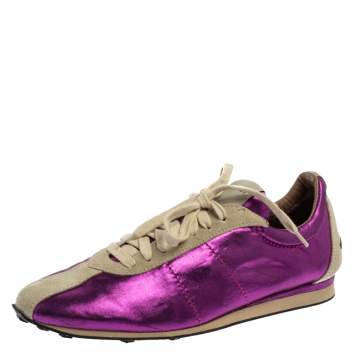 Pre Owned Burberry Purple/Grey Fabric And Suede Leather Trim Low Top Sneakers Size 39