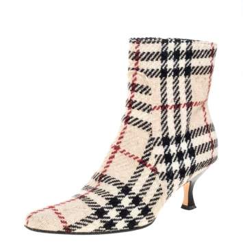 Pre Owned Burberry Beige Nova Check Tweed Fabric Ankle Booties Size 37.5