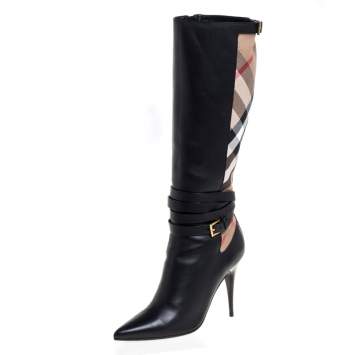 Pre Owned Burberry Black Leather and Novacheck Canvas Bridle Knee Boots Size 40