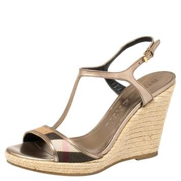Pre Owned Burberry Metallic Bronze Leather And House Check Fabric T-Strap Espadrille Sandals Size 39