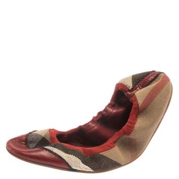 Pre Owned Burberry Beige House Check Canvas And Leather Scrunch Ballet Flats Size 41