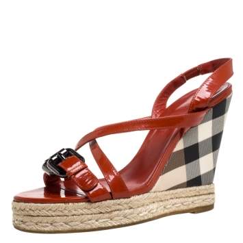 Pre Owned Burberry Burnt Orange Patent Leather and PVC Check Heel Wedge Sandals Size 38