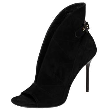 Pre Owned Burberry Black Suede V Neck Peep Toe Booties Size 39