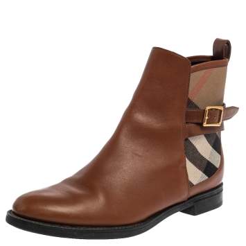 Pre Owned  Burberry Brown Leather And Canvas House Check Vaughan Flat Ankle Boots Size 37