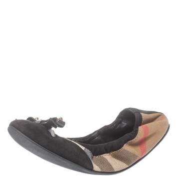 Pre Owned Burberry Beige/Black Nova Check Suede And Canvas Scrunch Ballet Flats Size 36