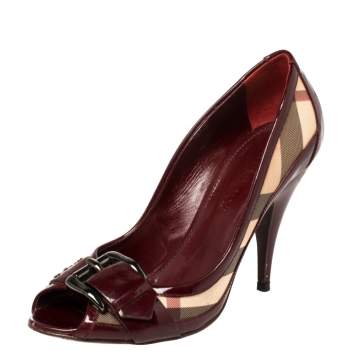 Pre Owned Burberry Burgundy Nova Check Coated Canvas and Patent Leather Buckle Peep Toe Pumps Size 38