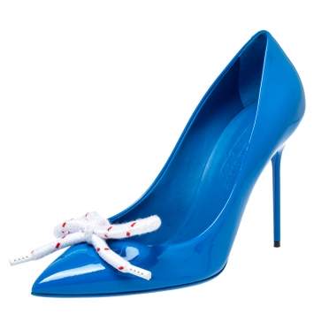 Pre Owned Burberry Blue Patent Leather Finsbury Bow Pointed Toe Pumps Size 40