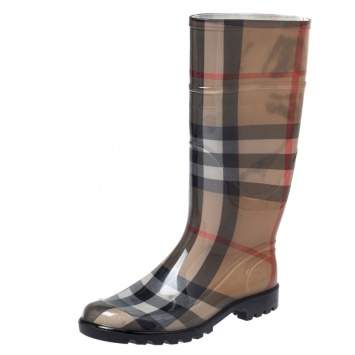Pre Owned Burberry Brown Nova Check Rubber Rain Boots Size 38