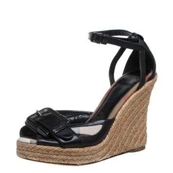 Pre Owned Burberry Black/Beige Canvas And  Leather Buckle Strap Wedges Size 37
