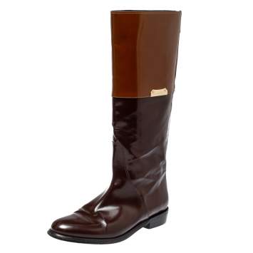 Pre Owned Burberry Burgundy/Brown Leather Logo Embellished Knee High Boots Size 38