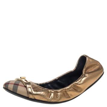 Pre Owned Burberry Nova Check Canvas And Metallic Gold Leather Southwark Scrunch Ballet Flats Size 38