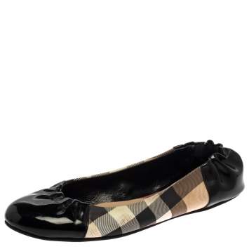 Pre Owned Burberry Black Patent Leather And Nova Check Canvas Scrunch Ballet Flats 39