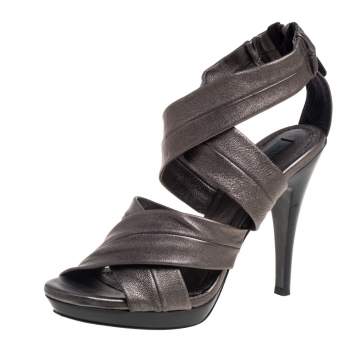 Pre Owned Burberry Metallic Grey Leather Back Zip Platform Sandals Size 39