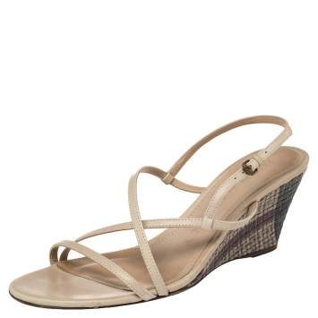 Pre Owned Burberry Beige Leather Wedge Ankle Strap Sandals Size 38
