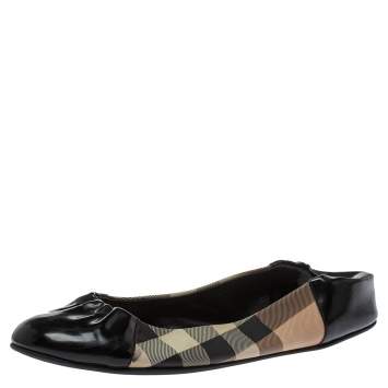 Pre Owned Burberry Black House Check Canvas and Leather Scrunch Ballet Flats Size 38.5