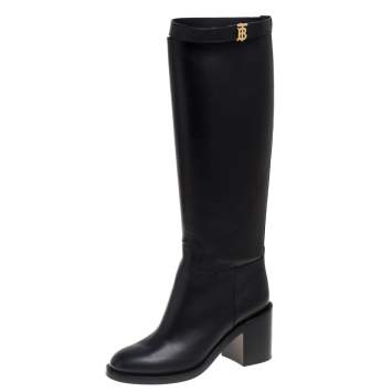 Pre Owned Burberry Black Leather Logo Buckle Embellished Knee High Boots Size 37