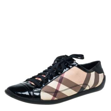 Pre Owned Burberry Black Patent Leather And Nova Check Coated Canvas Cap Toe Sneakers Size 40