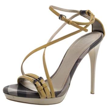 Pre Owned Burberry Multicolor Check Coated Canvas And Patent Leather Buckle Detail Strappy Sandals Size 38