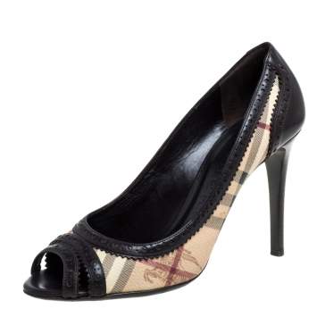 Pre Owned Burberry Beige/Brown Haymarket Check Canvas And Leather Peep Toe Pumps Size 40