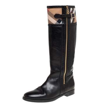 Pre Owned Burberry Black Leather and Nova Check Canvas Bridle Brogue Knee High Boots Size 39
