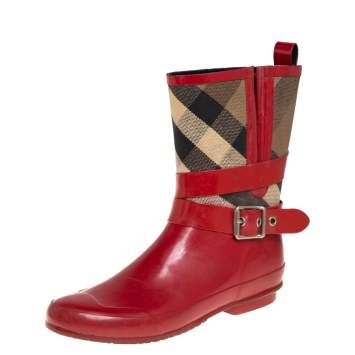 Pre Owned Burberry Red Rubber And Nova Check Canvas Buckle Rain Boots Size 39