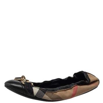 Pre Owned Burberry Black House Check Canvas And Leather Shipley Ballet Flats Size 36