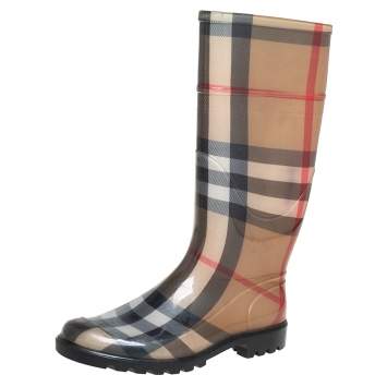 Pre Owned Burberry Beige Nova Check Rubber Knee Length Boots Size 39
