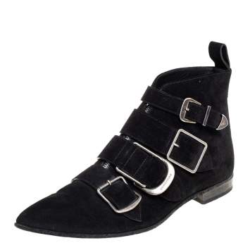 Pre Owned Burberry Black Suede Milner Buckle Detail Ankle Boots Size 39.5