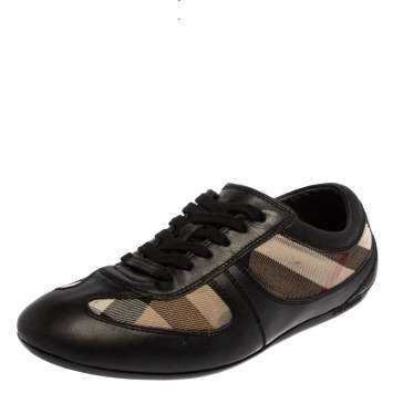 Pre Owned Burberry Black Leather And Check Canvas Low Top Sneakers Size 37