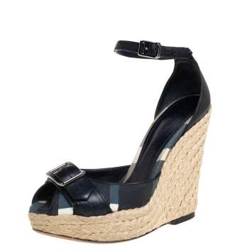 Pre Owned Burberry Black Leather And Canvas Espadrille Wedge Sandals Size 36