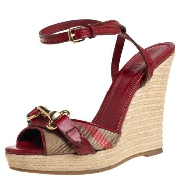 Pre Owned Burberry Red Leather And House Check Canvas Tenbury Ankle Strap Wedge Platform Sandals Size 35