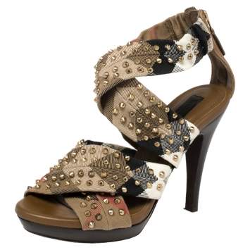 Pre Owned Burberry Multicolor Nova Check Cross Strap Canvas Spike Studded Sandals Size 36